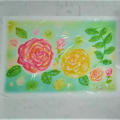 秋の花3種の絵葉書 バラ・キキョウ・コスモス パステルアートの