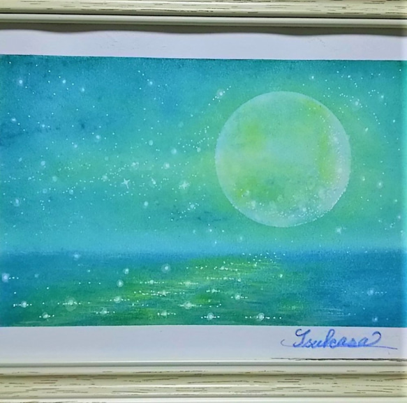 パステルアート　海辺の満月　パステル画原画 2枚目の画像