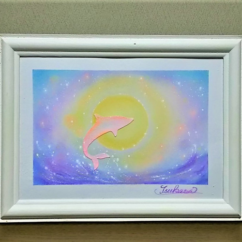 海とイルカのパステルアート 満月と幸福のピンク・ドルフィン パステル 