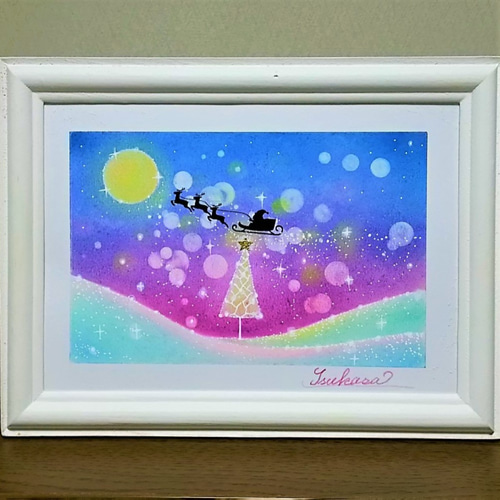 クリスマスのパステルアート 月明かりに走るサンタとトナカイ パステル