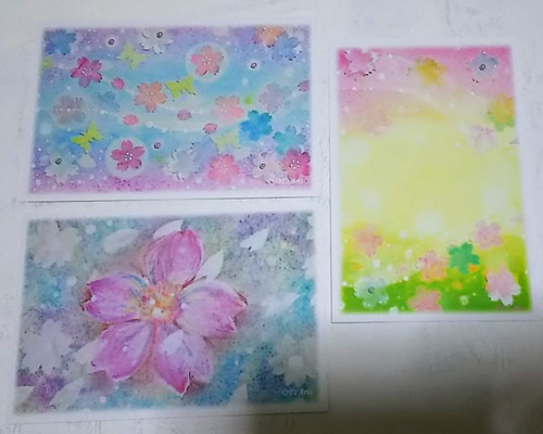 花のパステル画 A4サイズ 春の絵葉書 桜のポストカード3枚セット(パステルアート) ポスト