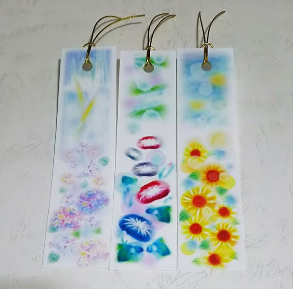 夏の3種の花の栞(しおり) 紫陽花・朝顔・ひまわり パステル
