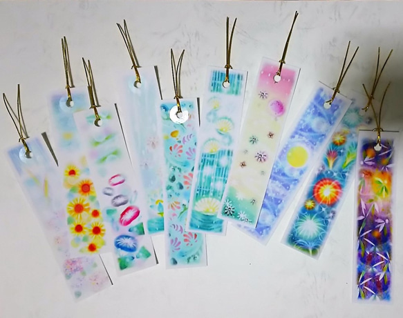 選べる栞(しおり)　3枚1セット　夏のブックマーカー　パステルアートによるブックマーク 1枚目の画像