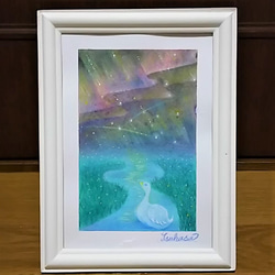 パステルアート　オーロラ彩る夜の白鳥 1枚目の画像