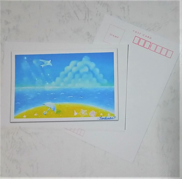 暑中お見舞い・残暑お見舞い絵葉書2枚セット　カモメと海　パステルアート ポストカード 1枚目の画像