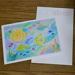 海の中の魚たちとクジラの親子のポストカード2枚セット　パステルアート・イラスト 2枚目の画像