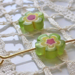 ミルフィオリ　緑　チェコビーズCzech Glass Beads２個 3枚目の画像
