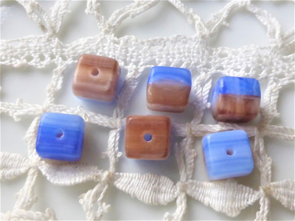 10個　キューブ青薄茶マーブル　チェコビーズCzech Glass Beads 5枚目の画像