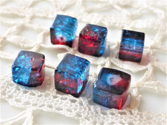 ヒビ　歪み　赤青　チェコビーズCzech Glass Beads6個 1枚目の画像