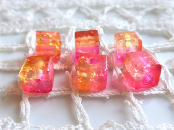 ヒビ　歪み　ピンクイエロー　チェコビーズCzech Glass Beads6個 1枚目の画像