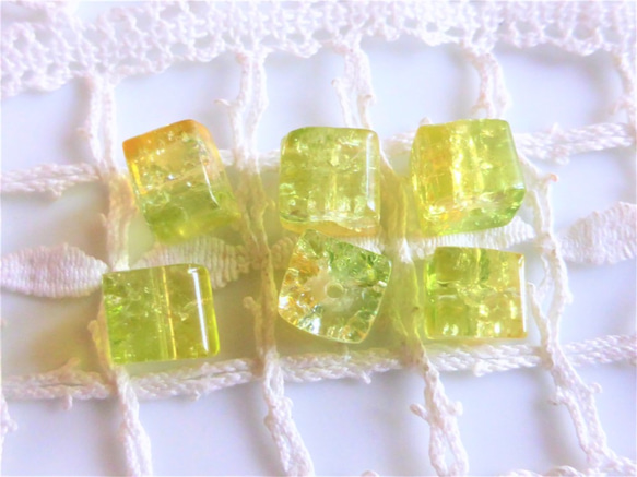 ヒビ　歪み　ライムレモン　チェコビーズCzech Glass Beads6個 2枚目の画像