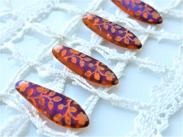 ボタニカルガーデンオレンジと紺　Czech Glass Beads7個 4枚目の画像
