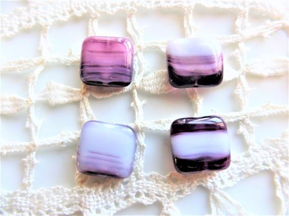 方形紫色和白色混合捷克玻璃珠 4 顆 第3張的照片