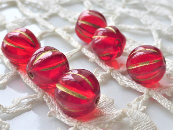 透明赤メロン　チェコビーズ　Czech Glass Beads６個 2枚目の画像