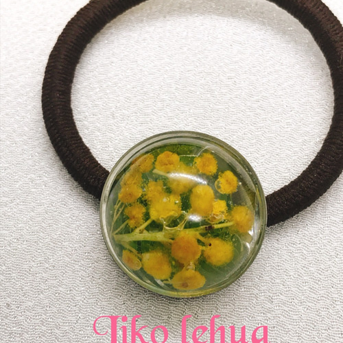 レジンヘアゴムイエローオレンジミモザ乳白色雲金箔綺麗夕焼け夕日