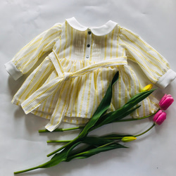 kids80-130 春季細褶緞帶連衣裙白色 x 黃色 第3張的照片