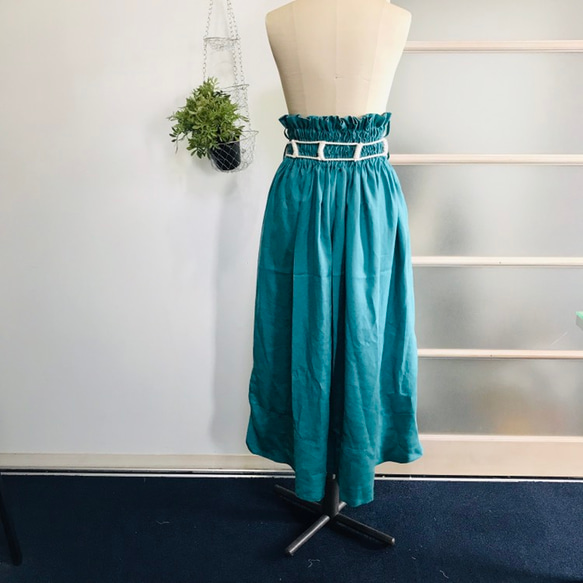 100％亞麻超高腰體積裙綠色，不易起皺 第6張的照片