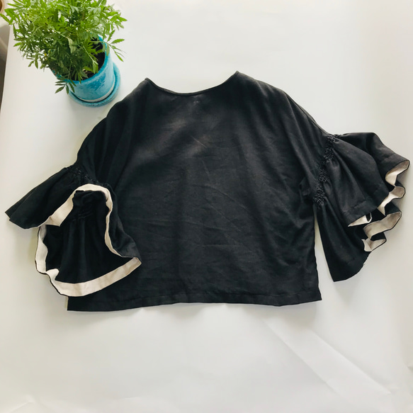 [訂製] 抗皺100%亞麻寬鬆袖子設計襯衫黑色 第2張的照片