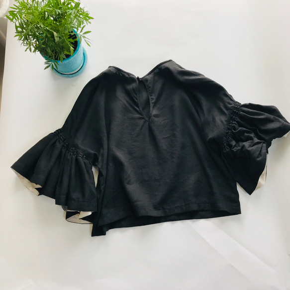 [訂製] 抗皺100%亞麻寬鬆袖子設計襯衫黑色 第3張的照片