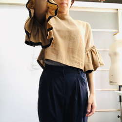 【受注生産】シワになりにくいリネン100% ボリューム袖のデザインブラウス  ベージュ 7枚目の画像