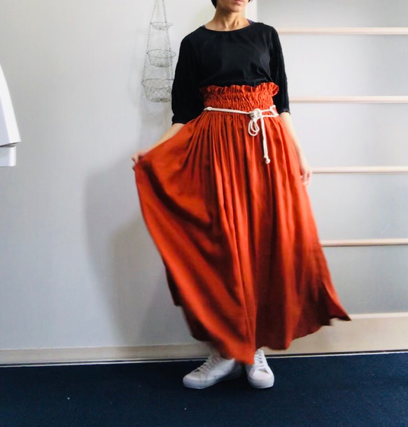 [SALE]亞麻100％超高腰卷裙橙色 第1張的照片