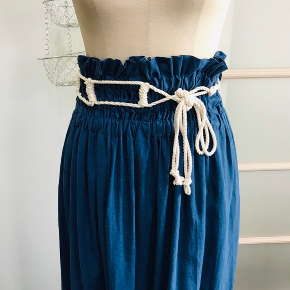 [SALE]不易起皺的100％亞麻超高腰卷半身裙藍色 第5張的照片