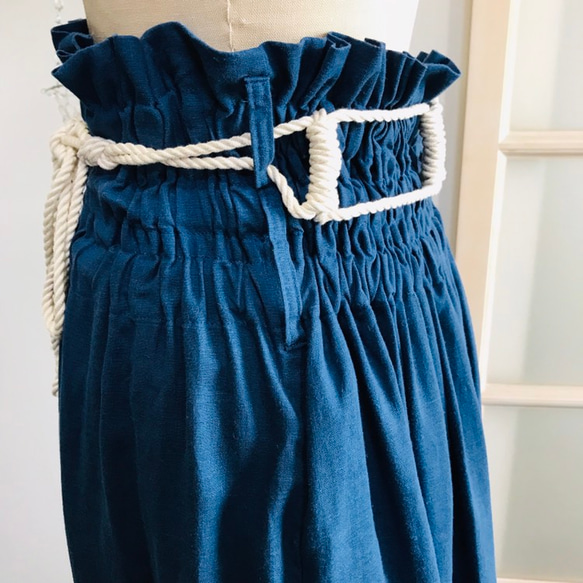 [SALE]不易起皺的100％亞麻超高腰卷半身裙藍色 第6張的照片