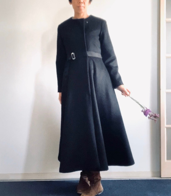 【受注生産】アンゴラシャギー　毛並みの美しいXラインのドレスコート　黒 4枚目の画像