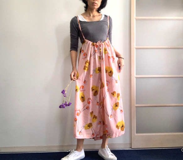 【SALE】大判花柄　2way キャミサロペット＆スカート　ピンク 4枚目の画像