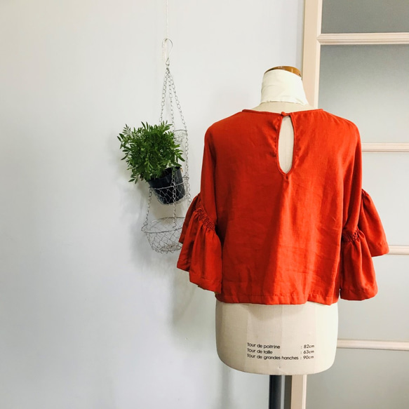 [SALE]不易起皺的100％亞麻亞麻袖設計上衣橙色 第3張的照片