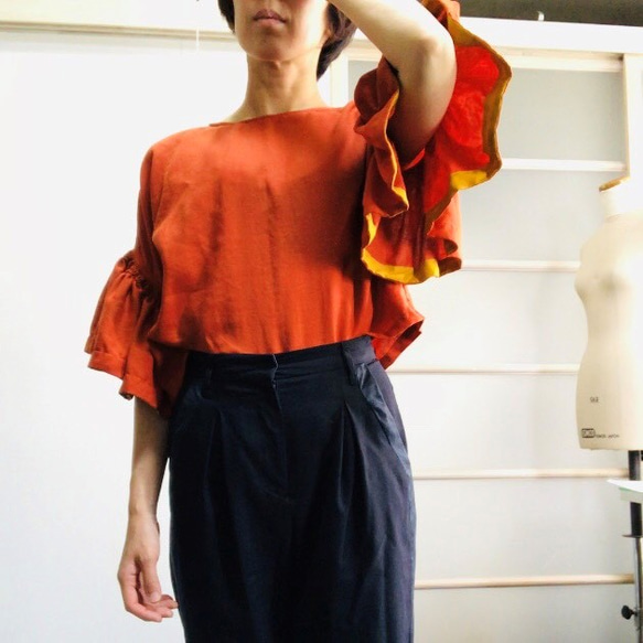 [SALE]不易起皺的100％亞麻亞麻袖設計上衣橙色 第5張的照片