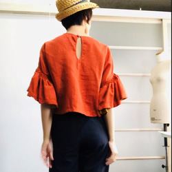 [SALE]不易起皺的100％亞麻亞麻袖設計上衣橙色 第6張的照片