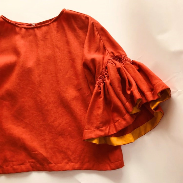 [SALE]不易起皺的100％亞麻亞麻袖設計上衣橙色 第7張的照片