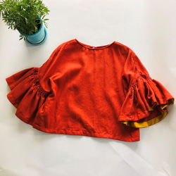[SALE]不易起皺的100％亞麻亞麻袖設計上衣橙色 第8張的照片