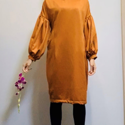 [SALE] 絨面革拉絲啞光光澤緞面捲袖連衣裙橙色 第7張的照片