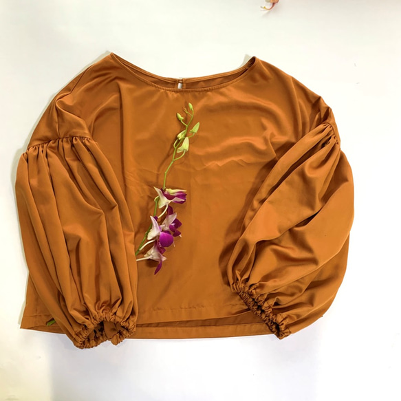 [SALE] 絨面革拉絲啞光光澤緞面寬鬆袖襯衫橙色 第6張的照片