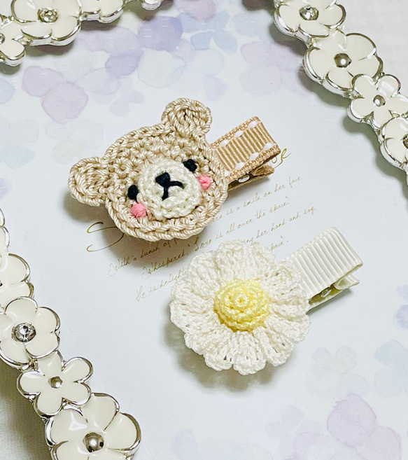 再販】残り2 ほっぺくまちゃん&立体マーガレット ベビーヘアクリップ