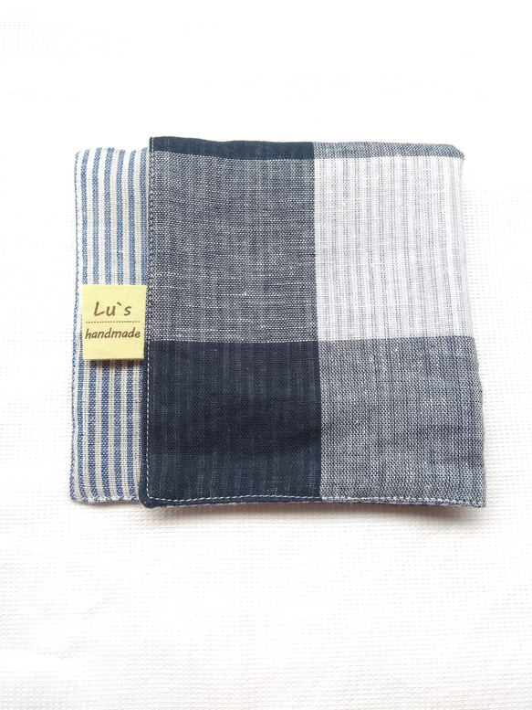 Lu's handmade//藍格紋 雙層棉紗布料 手帕 手工純棉手帕 二重紗手帕 第1張的照片