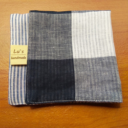Lu's handmade//藍格紋 雙層棉紗布料 手帕 手工純棉手帕 二重紗手帕 第2張的照片