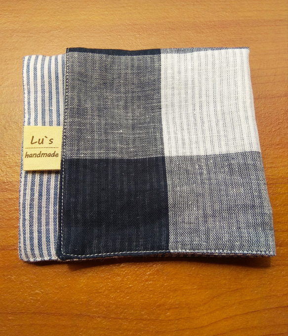 Lu's handmade//藍格紋 雙層棉紗布料 手帕 手工純棉手帕 二重紗手帕 第2張的照片