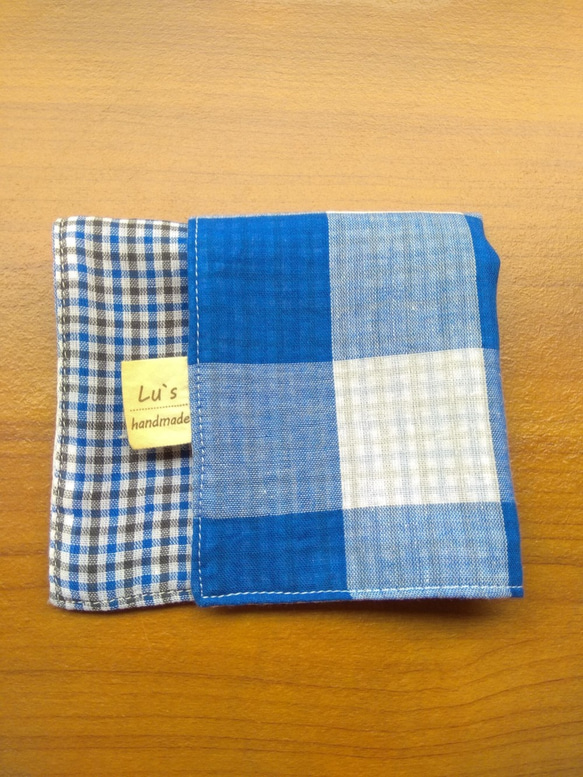 Luの手作り//明るい青の格子縞の二重綿糸布ハンカチ手作り綿ハンカチ二重糸ハンカチ 1枚目の画像