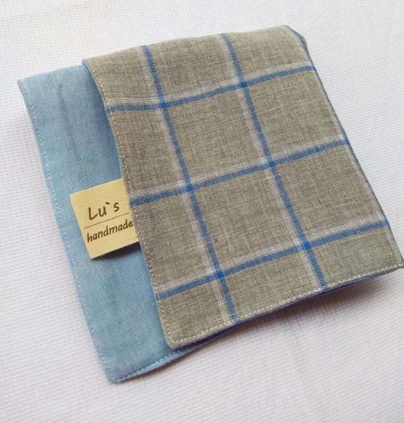 Lu's handmade//格紋 雙層棉紗布料 手帕 手工純棉手帕 二重紗手帕 第1張的照片