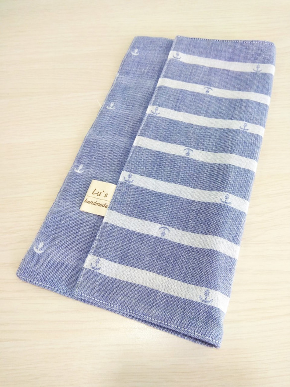 Lu's handmade//藍色 條紋 船錨 雙層棉紗布料 手帕 手工純棉手帕 二重紗手帕 第1張的照片
