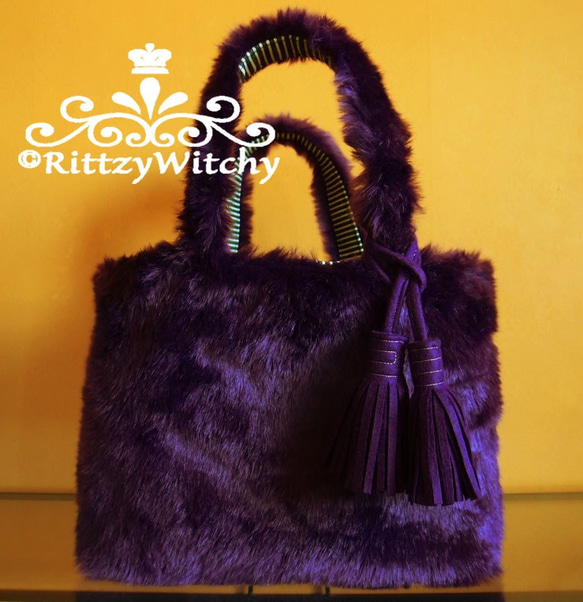 【受注生産】紫ファーが可愛い冬の刺し子風トートバッグ（菱さし模様） 2枚目の画像