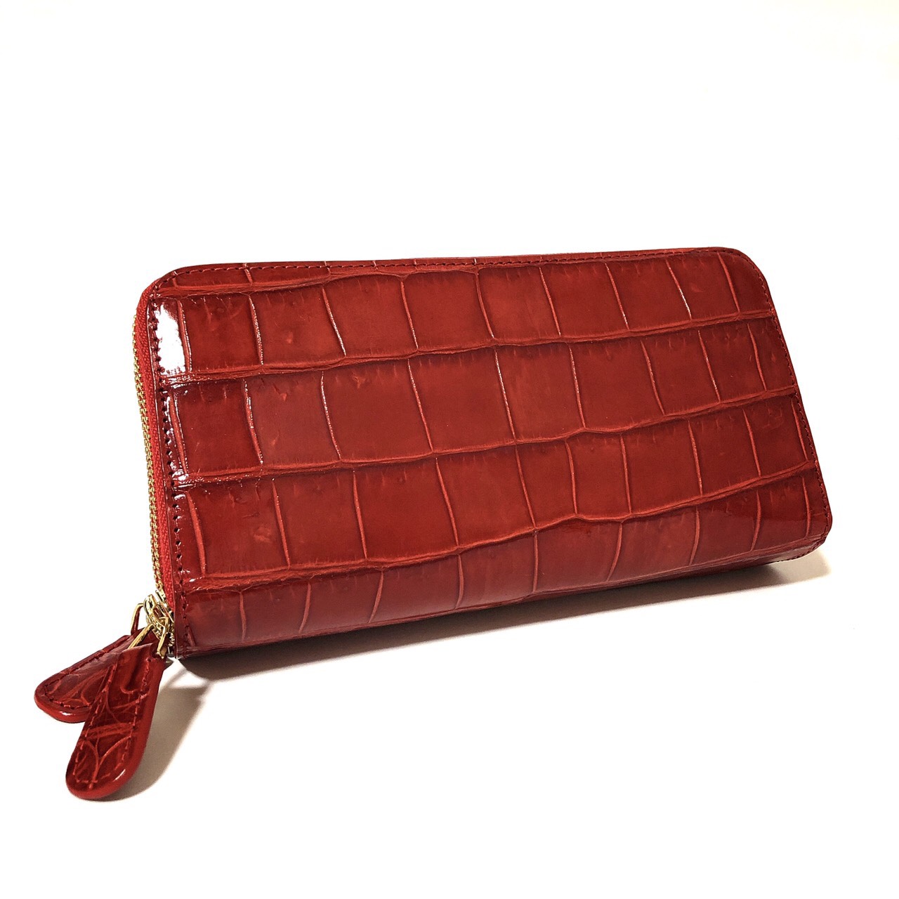 GYPS FLAT(ジプスフラット) クロコダイル 長財布 本革 センター取り 肚ワニ ダブルファスナー REDレッド