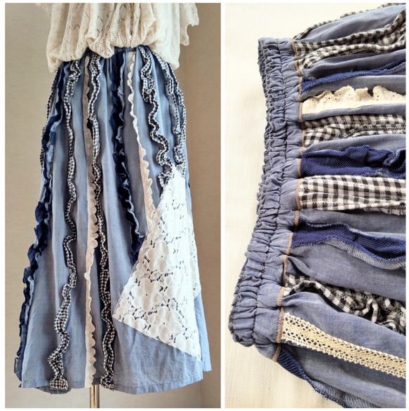 ＼SALE／柔らかダンガリーとランダムフリルのフレアースカート【大人の布あそび】 2枚目の画像