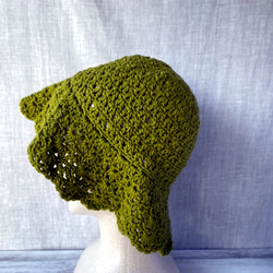 日除け　日焼け防止　緑　グリーン　ビタミンカラーの透かし編みのコットンハット帽子　レディース用　 3枚目の画像