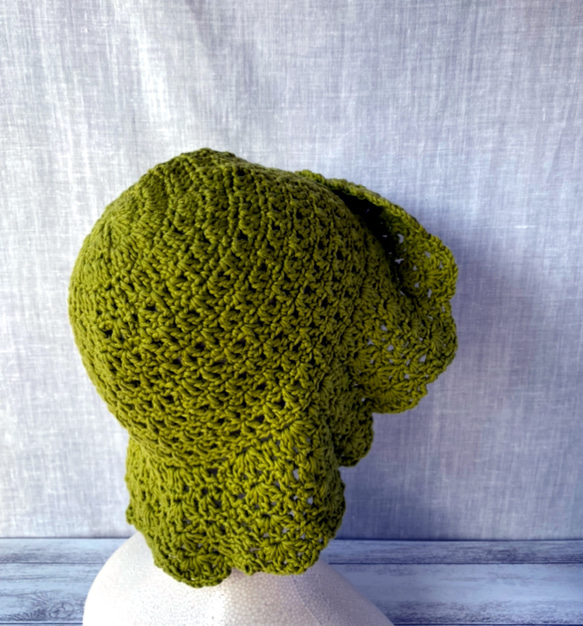日除け　日焼け防止　緑　グリーン　ビタミンカラーの透かし編みのコットンハット帽子　レディース用　 5枚目の画像