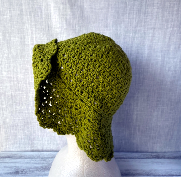 日除け　日焼け防止　緑　グリーン　ビタミンカラーの透かし編みのコットンハット帽子　レディース用　 7枚目の画像