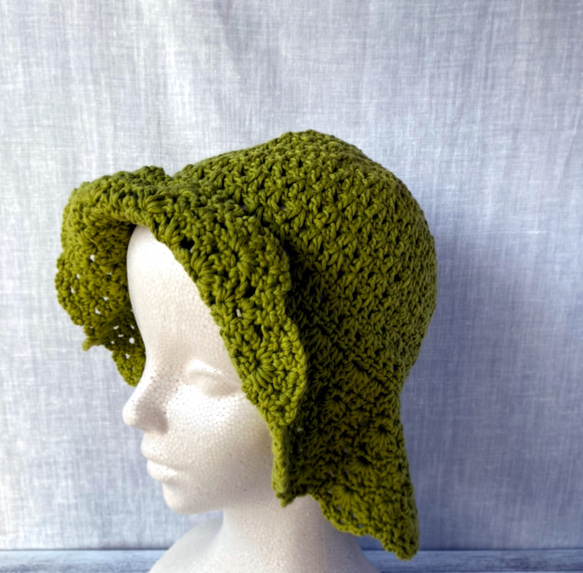 日除け　日焼け防止　緑　グリーン　ビタミンカラーの透かし編みのコットンハット帽子　レディース用　 8枚目の画像